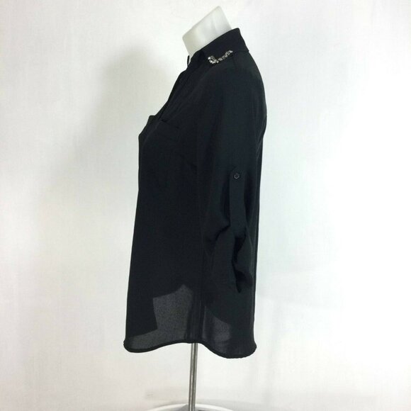 Express Portofino Pearl Button Roll Tab Sheer Black Studded Blouse Top Womens XS - Picture 5 of 8
